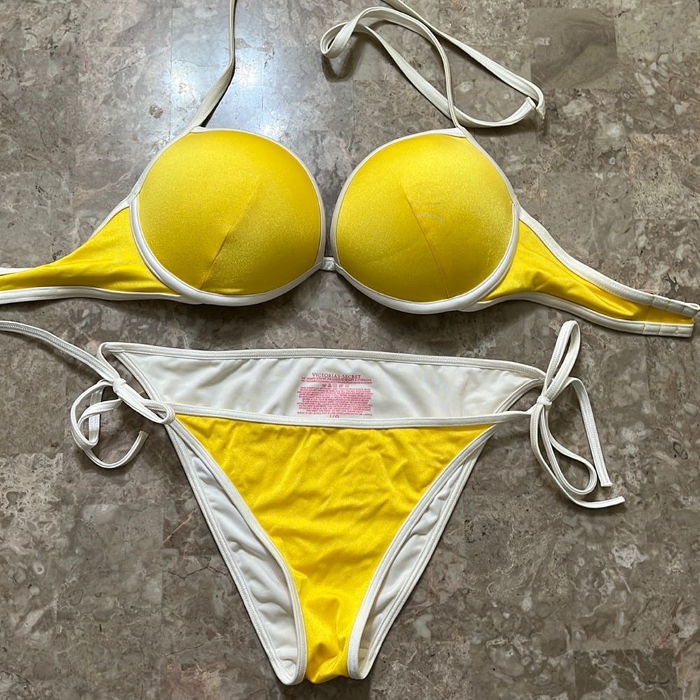 Victoria’s Secret  Yellow and White Bikini Swimsuit, 32DD top, Large Bottom